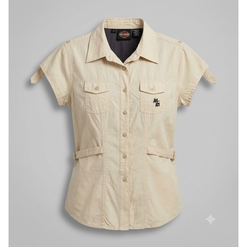Harley-Davidson Women's Ivory Color Button Short Cap Sleeve Casual Shirt. Size L